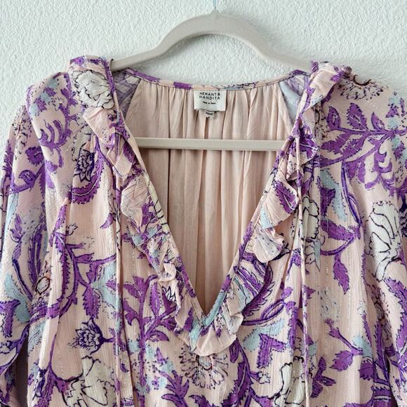 Hemant & Nandita Asia Ruffle Tassel Mini Dress Purple Floral Size Small - Picture 4 of 9